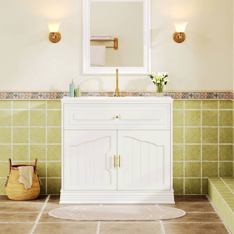 36 Inch Bathroom Vanity with Ceramic Sink,Soft Closing Doors,and Wood Frame for Elegant Storage - White