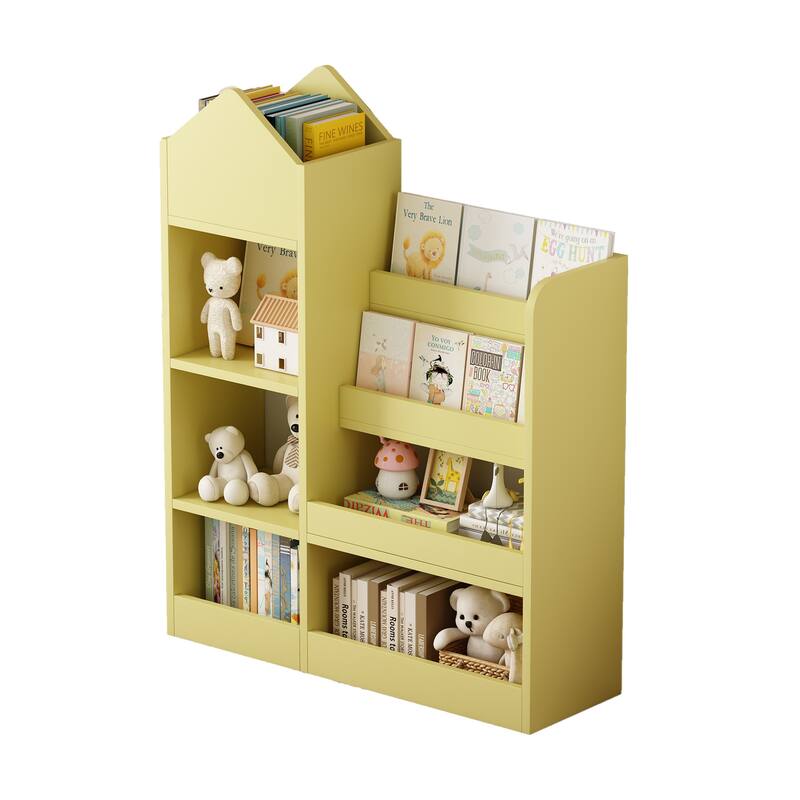 Wood Kids Wooden Bookshelf Toy Storage Organizer with Bookcase, Bin Storage Unit with 6 Compartments 2 Baskets Box Organizer