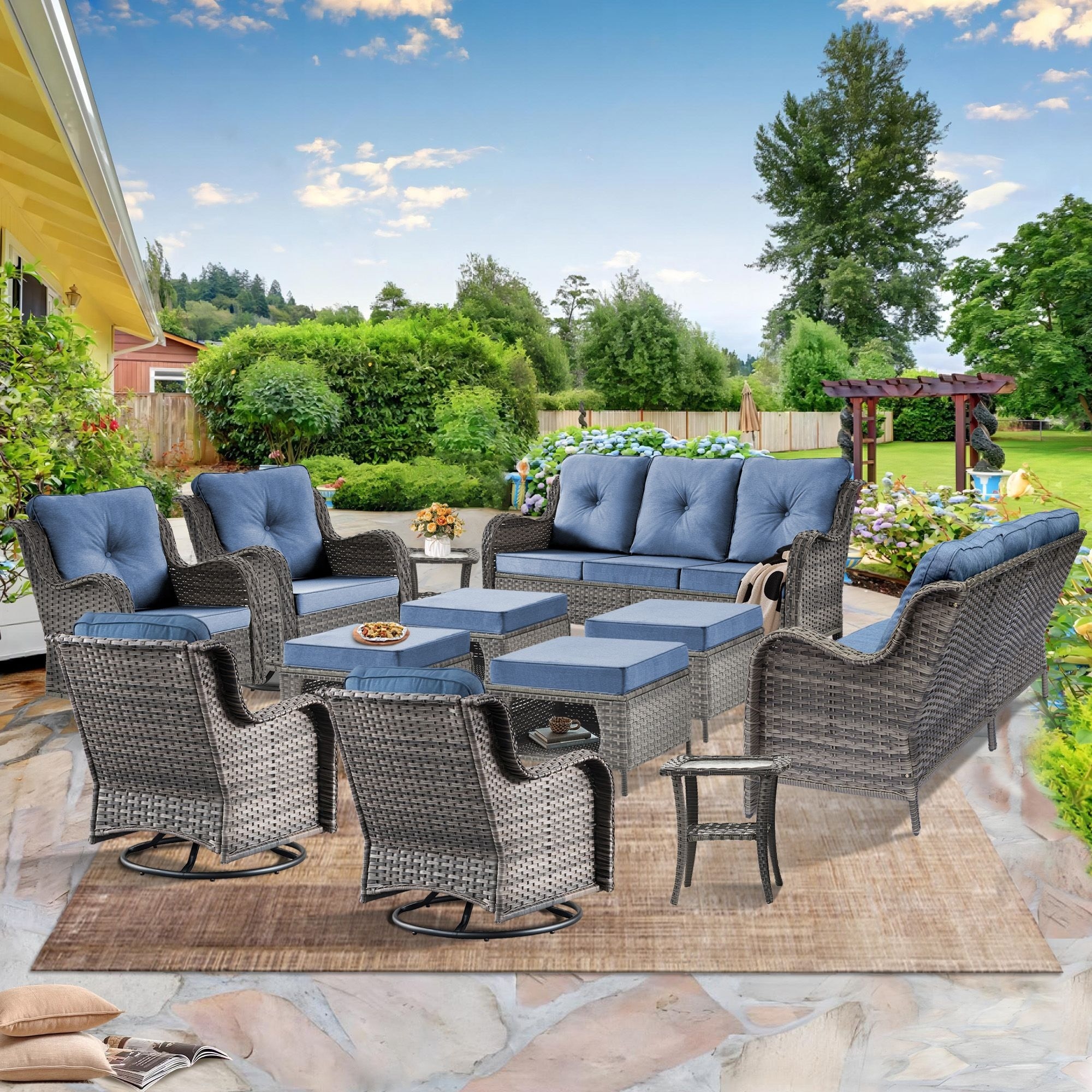 Wicker Patio Furniture Conversation Set with High Back Swivel Chairs and Storage Ottomans Cushions Included Bed Bath Beyond 40292895