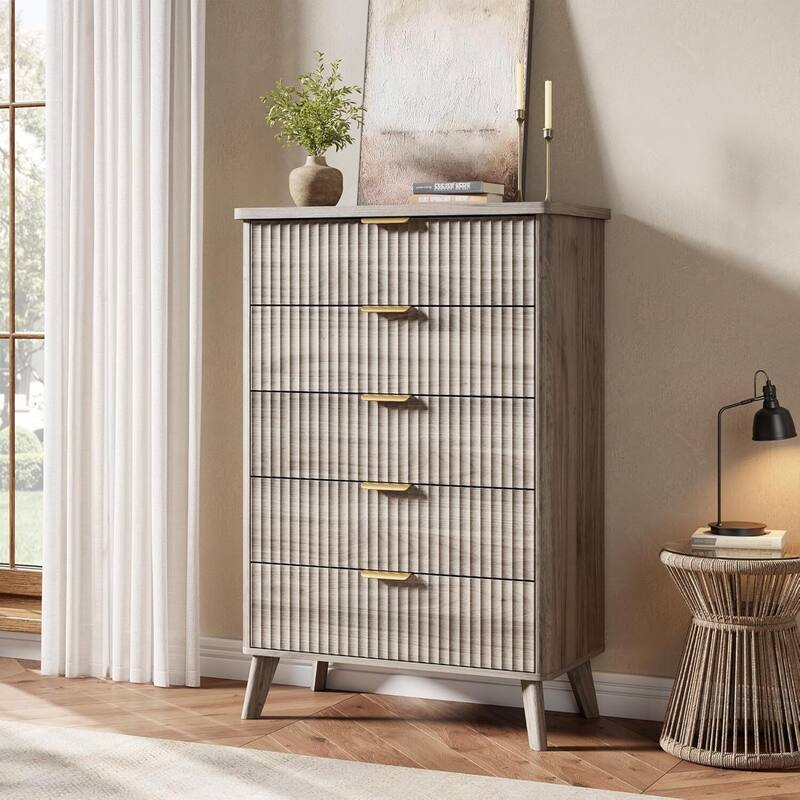 Modern Fluted 5 Drawers Dresser for Living Room, Bedroom - Grey