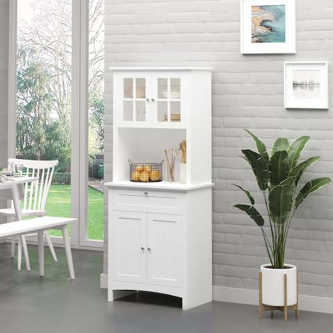 HOMCOM Kitchen Buffet Hutch Wooden Storage Cupboard with Framed Glass Door, Drawer and Microwave Space - 27"x15.75"x64.5"