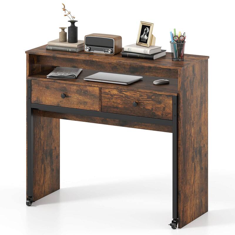 Costway 39.5" Expandable Rolling Computer Desk with Monitor Shelf