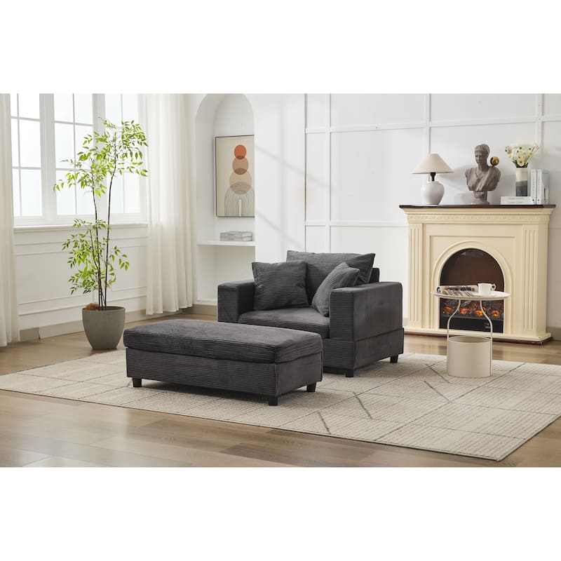 Chaise Lounge Chair with Removable Ottoman, Modern Accent Armchair Corduroy Sleeper Sofa Chair with Pillows for Living Room