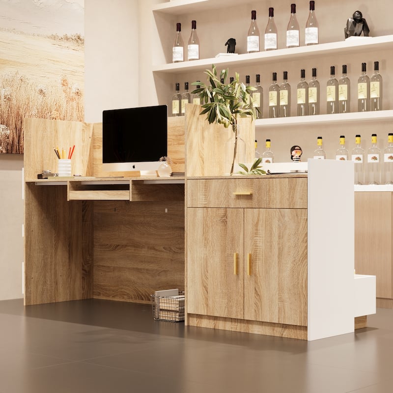 Stylish Office Welcome Desk Table White Oak Finish with Keyboard Shelf - 87.2"