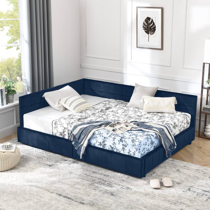 L-shaped Velvet Upholstered Daybed Tufted Sofa Bed with Soft Backrest Armrests - and Optional Corner Storage Day Bed