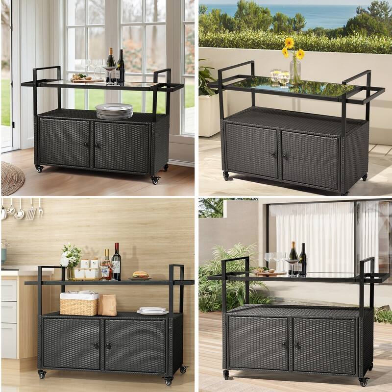 51*20*35.5inch Outdoor Bar Cart Table, Large Wicker Island Rolling Cart, Wheeled Buffet Serving Cart, Black