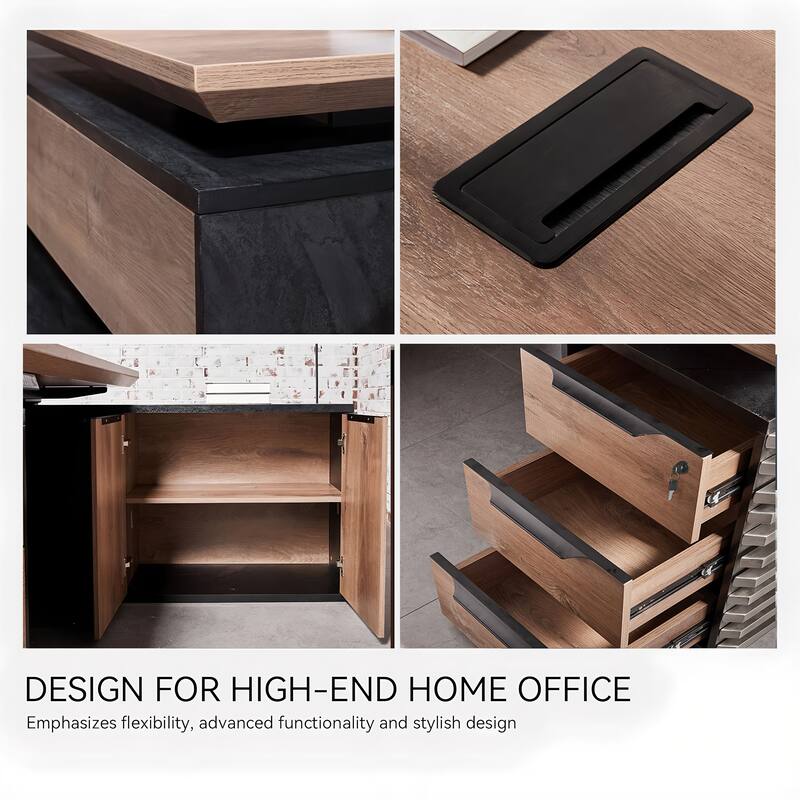 L-Shaped Executive Desk Adjustable Height with Universal Charging Ports Drawers and Cable Management