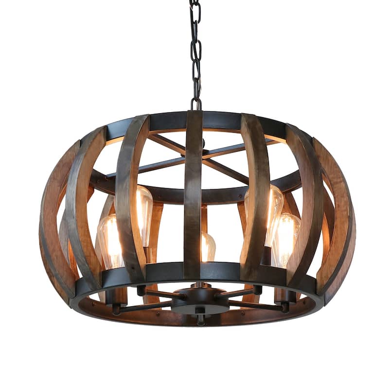 Anmytek 5-Light Modern Farmhouse Wood Chandeliers Drum Pendant Lights for Dining Room - 22" D x 11" H