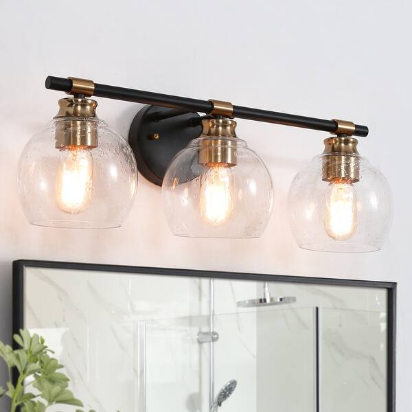 slide 1 of 7, Modern 3-light Black Gold Brass Bathroom Vanity Light Globe Glass Wall Sconce - L 22"x W 7"x H 8"