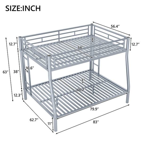 dimension image slide 1 of 3, Full XL over Queen Metal Bunk Bed with Ladder and Guardrails, Silver