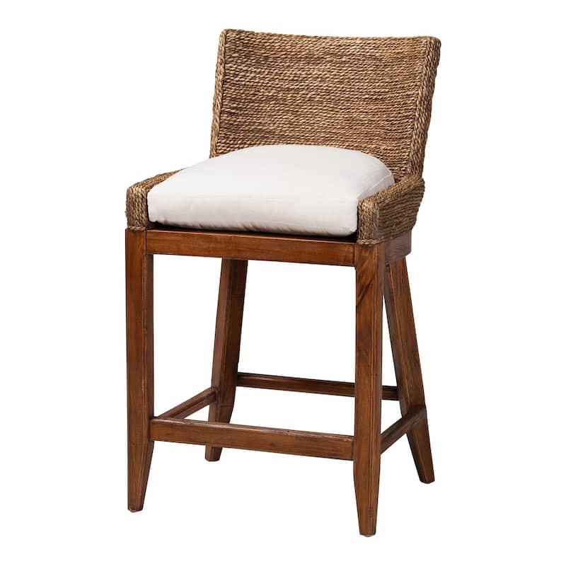 Ridley Seagrass Counter Stool with Mahogany Wood Frame - Coastal Seating with Woven Square Back and Cushioned Seat for Kitchen - Brown Wash