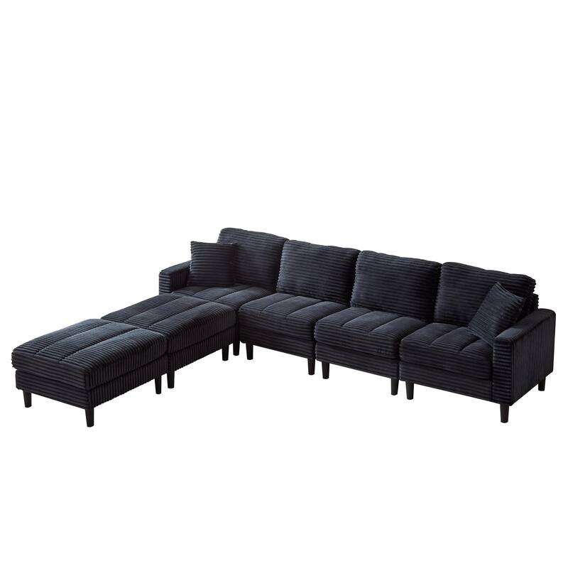 122.5" Corduroy U-Shaped Sectional Sofa with Ottomans & Pillows