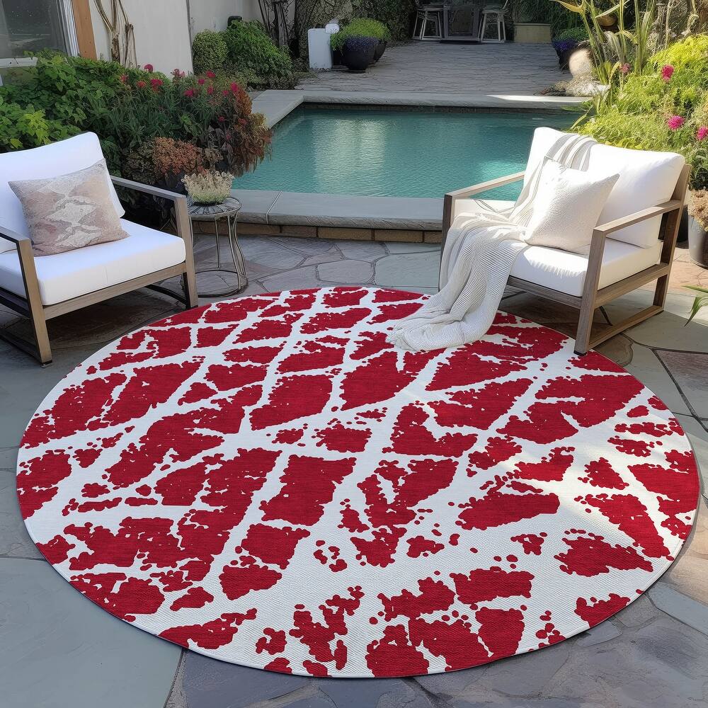 Machine Washable Indoor/ Outdoor Transitional Red Crackle Chantille Rug
