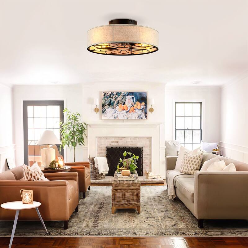 20" Caged Ceiling Fans Flush Mount,Low Profile Fabric Farmhouse Ceiling Fan with Remote Control - N/A