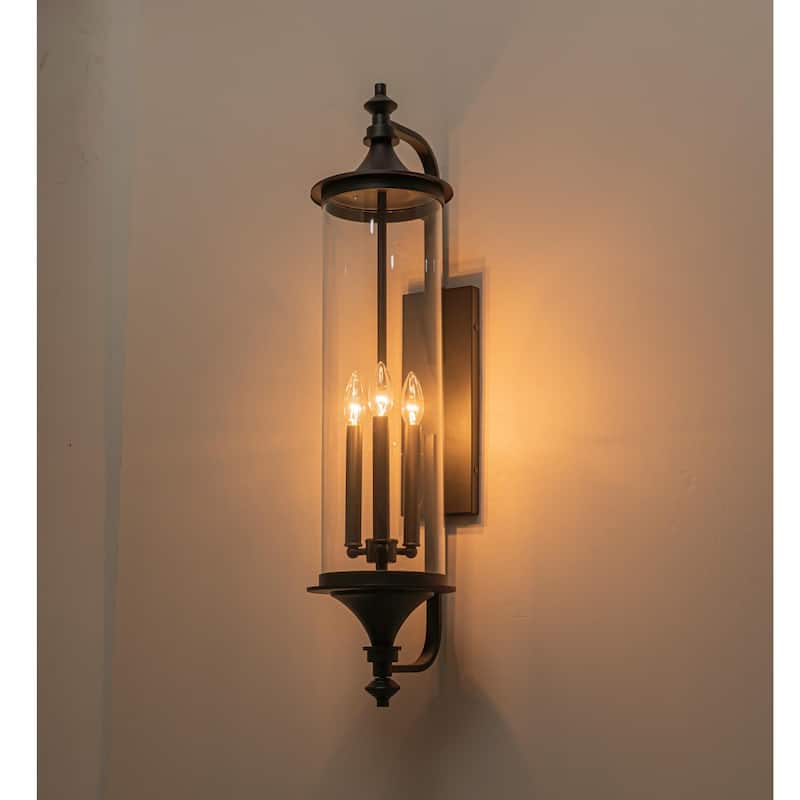 32.7" H 3-Light Industial Black Outdoor Hardwired Wall Lantern Sconce with Cylindrical Clear Glass for Home Outside