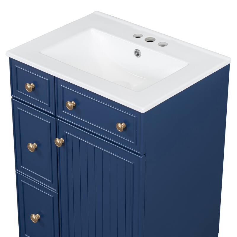 24 Inch Bathroom Vanity Cabinet with Ceramic Sink, 2 Drawers & Door, Bathroom Storage Cabinet Free-standing Single Sink Cabinet
