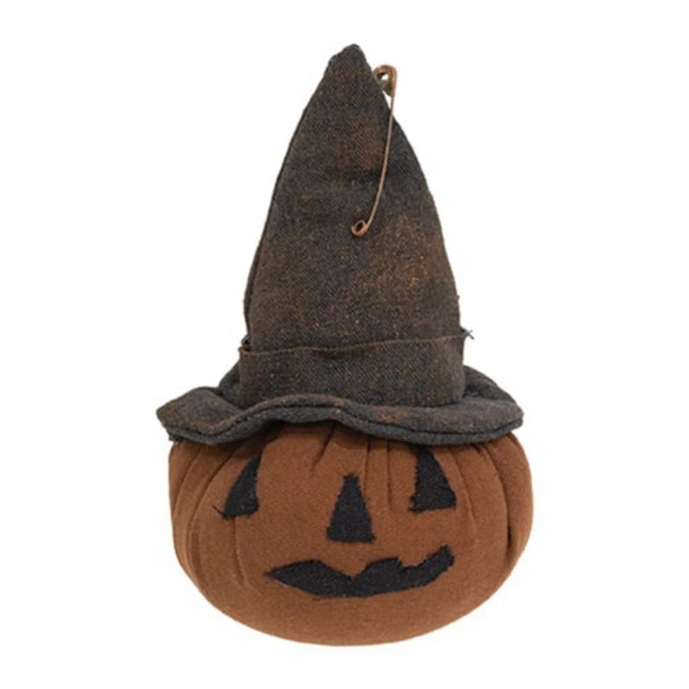 Stuffed Pumpkin Halloween Figure Dark Orange Plush Jack O Lantern Rustic Witch Hat Decor - 7" H x 4" Dia