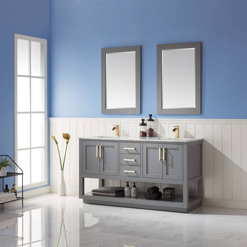 Altair Remi Double Bathroom Vanity Set and Carrara White Countertop with Mirror