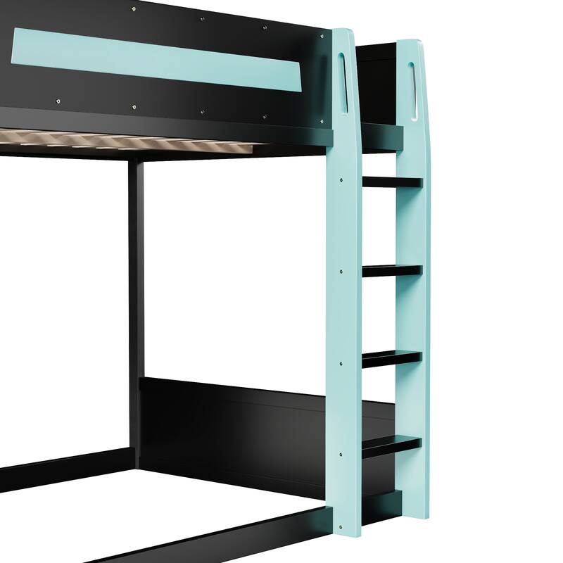 Gaming Bunk Bed with Computer Desk, Storage Shelves, USB Port and LED Strip Lighting, Esports Design, Wooden Gaming Bed