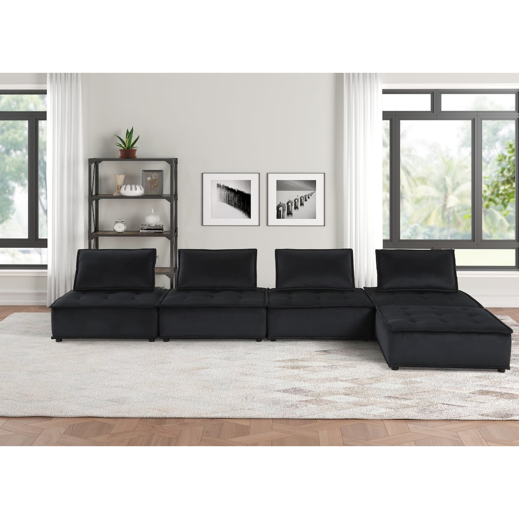 160" Black Velvet 5 Pc Sectional Sofa Ottoman, 80x160x29 inches, 110 lbs