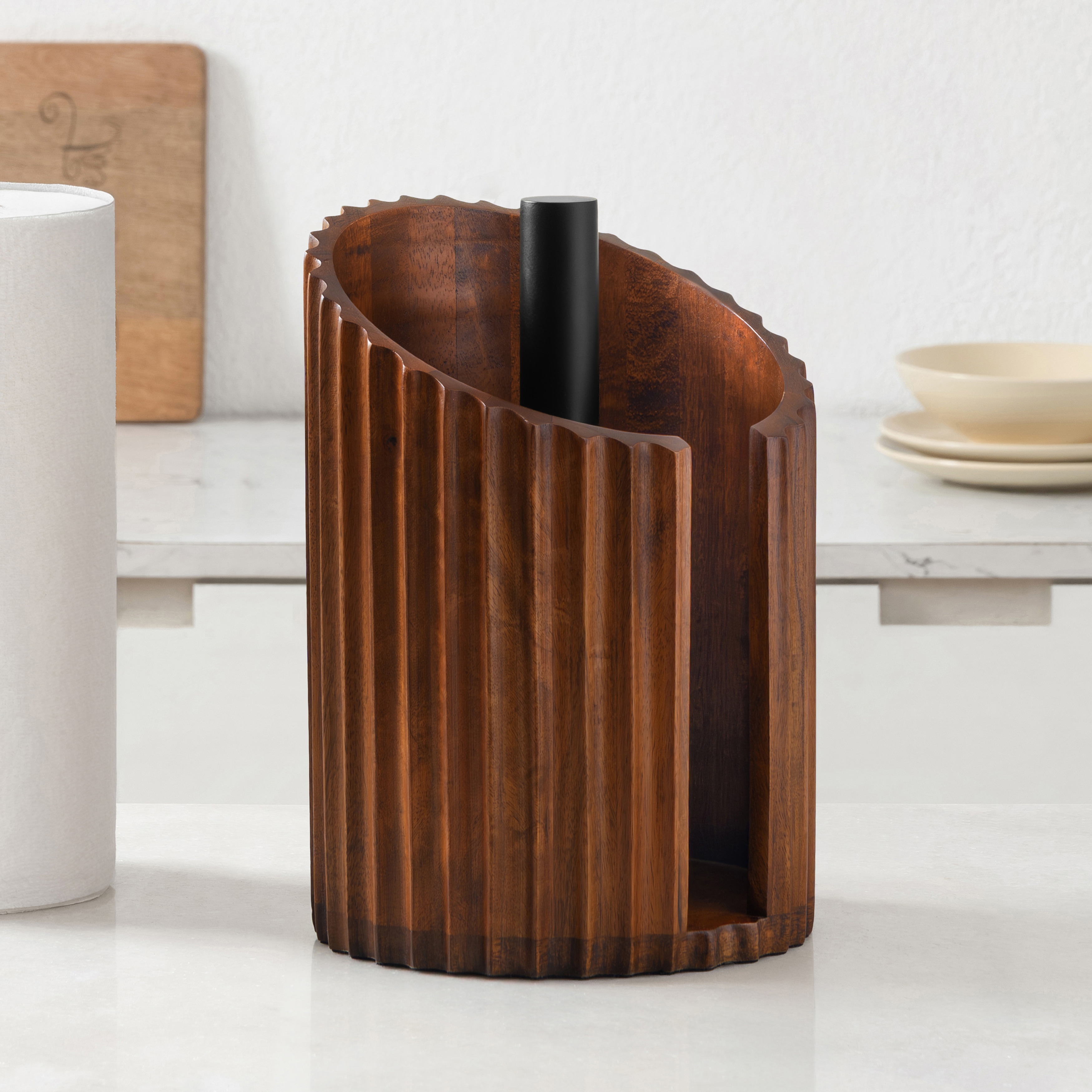Jani Mango Wood Paper Towel Holder Stand with Metal Rod - Durable Countertop Kitchen Organizer for Roll Storage