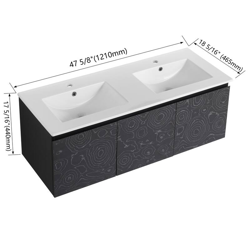 Plywood Wall Mounting Bathroom Vanity Set in Black with Integrated Ceramic Sink - 48" x 18" x 17"