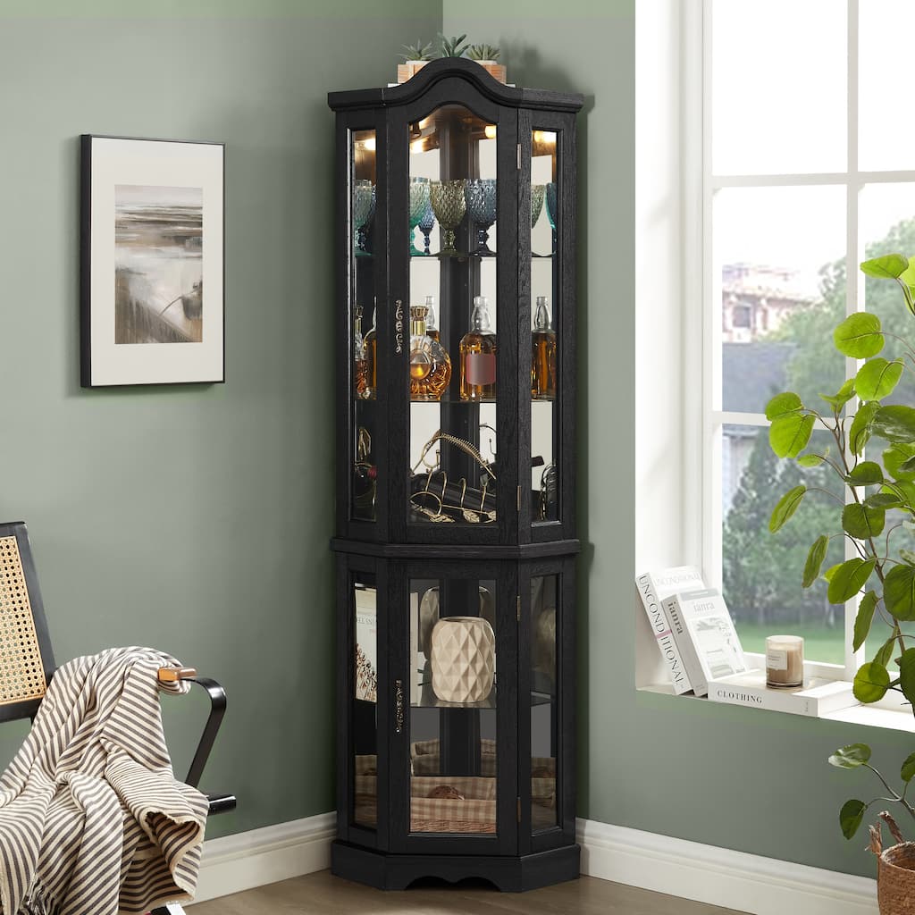 70" Lighted Corner Curio Cabinet with Tempered Glass Doors and Shelves