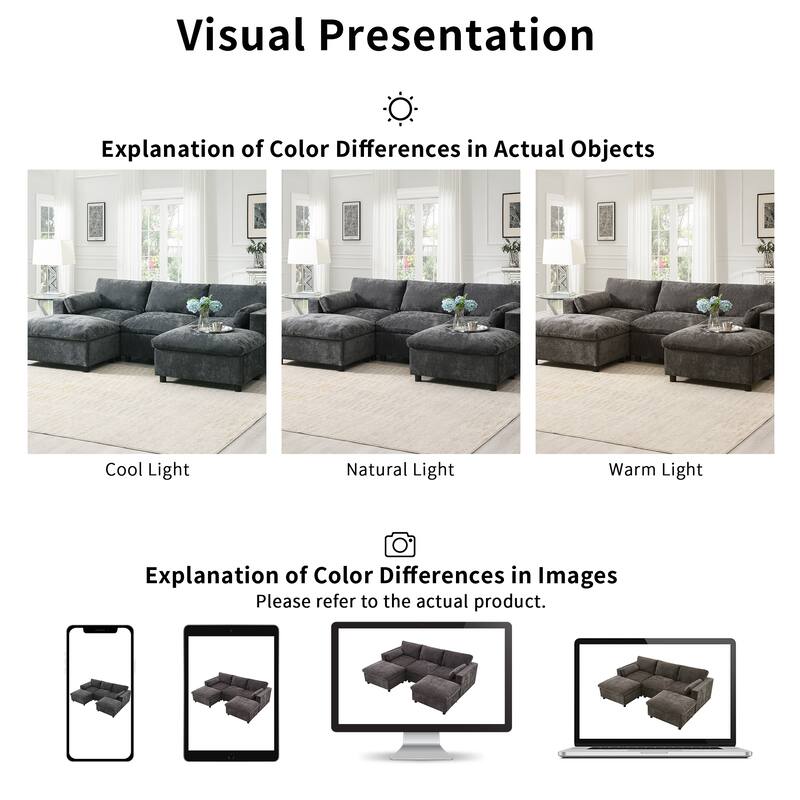 Roomfitters 86.5" U Shaped Sectional Sofa, Chenille Cloud Couch with 2 Movable Ottomans, Armrest Pillows, 5 Seat Sofa