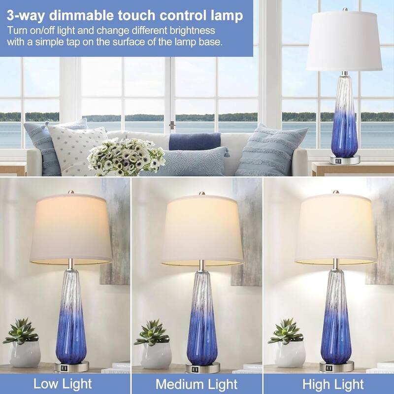 Table Lamps Set of 2 with Touch Control, 3-Way Dimmable Modern Glass Bedside Lamps with USB A+C Ports, with White Fabric Shade