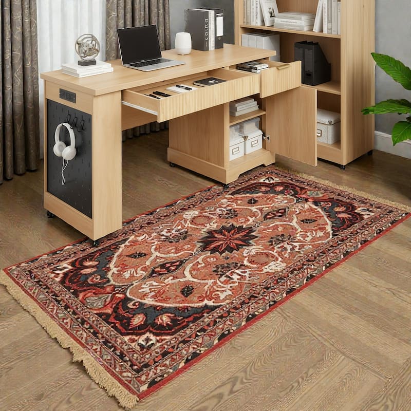 55 Inch Modern Fluted Office Desk with Storage Cabinet and Drawers, Computer Desk with Power Outlet Pegboard