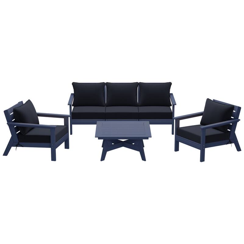 Birchwood All Weather HDPE Outdoor Patio Navy Blue Deep Seating Conversation Set (6-Piece Set)