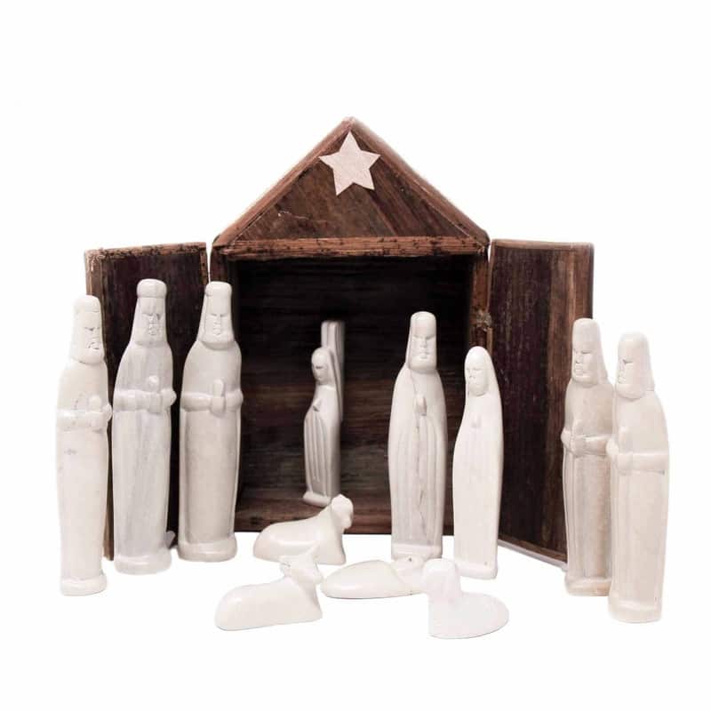 Kenya Soapstone Nativity Set and Banana Fiber Barn, 13-piece Set
