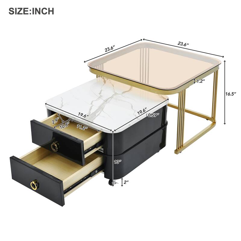 Mieres Stackable Coffee Table, Nesting Tables with Brown Tempered Glass, Wheels & Drawers and High Gloss Marble Grain Top