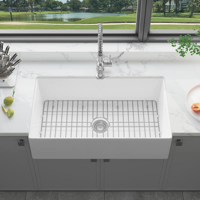 Sinber Farmhouse Apron Single Bowl Kitchen Sink with Fireclay White Finish