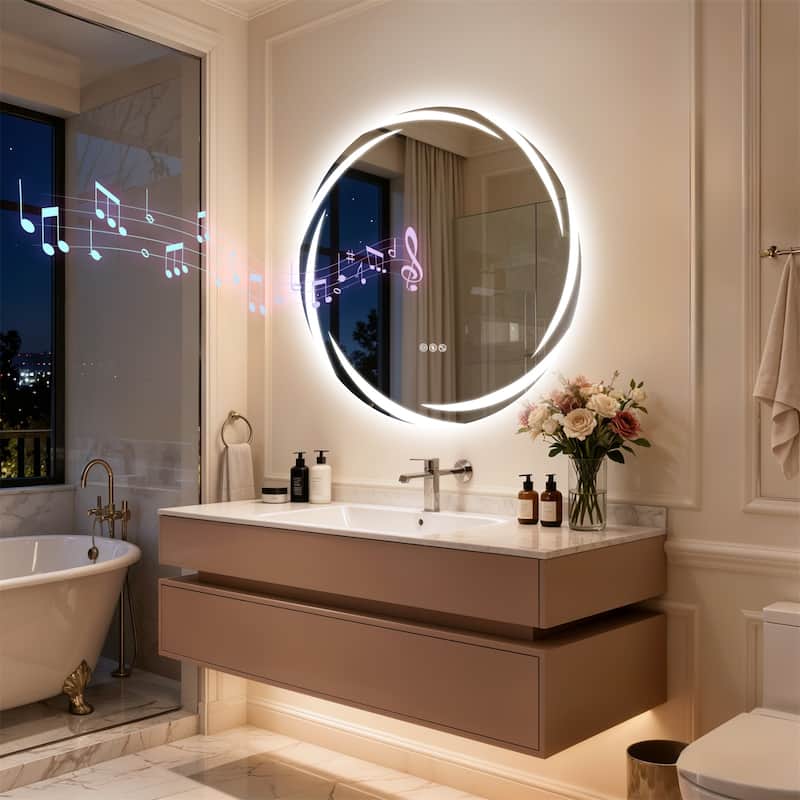 32" Round Bluetooth Speakers Vanity Mirror Wall Mounted Bathroom Mirror - 31.50"x31.50" - 31.50"x31.50"