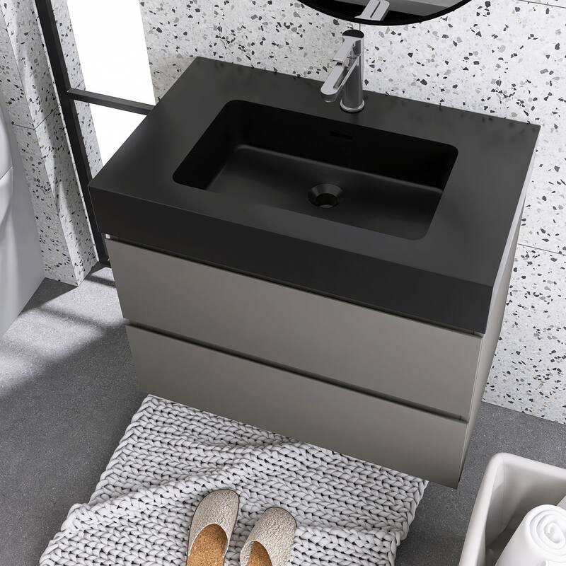 Floating Bathroom Vanity with Black Solid Surface Top