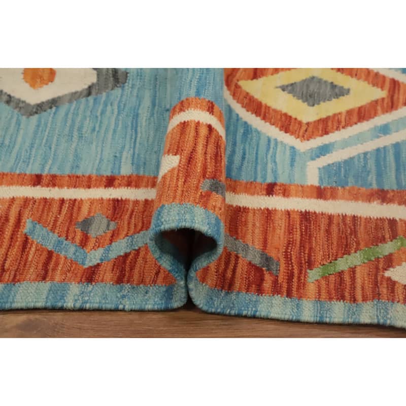 Hand Woven Oriental 100% Wool Carpet Southwestern Tribal Navy Blue & Blues Kilim Area Rug - 9' 6'' X 6' 6''