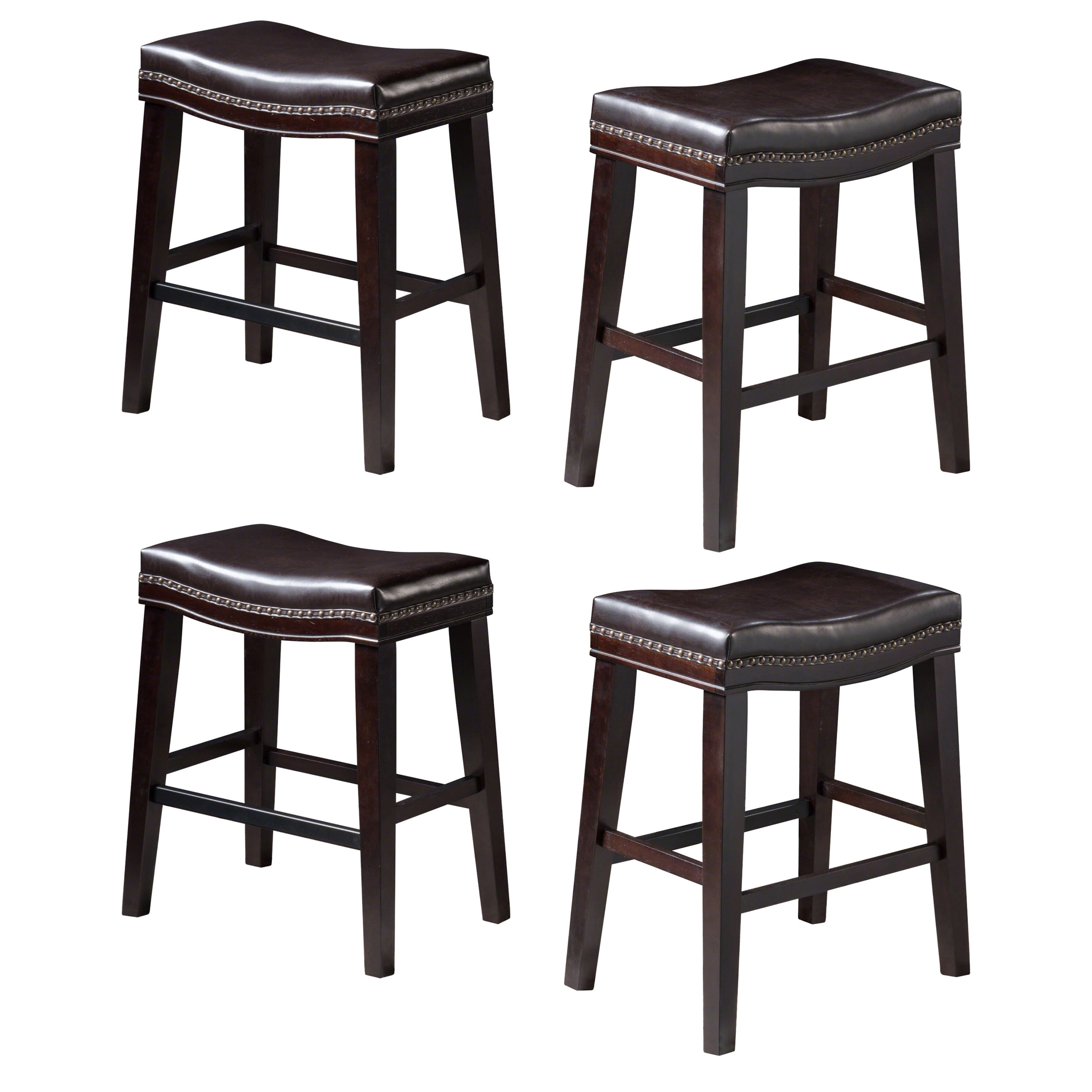 26" Upholstered Saddle Counter Stools With Nailhead Trim: Contemporary Design (Set Of 4) – Dark Brown.