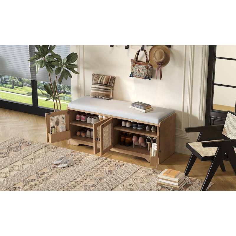 Rustic Entryway Shoe Bench with Removable Cushion