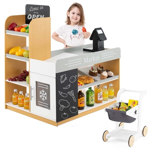 slide 2 of 6, Pretend Wooden Play Store Toddler Supermarket Playset Grocery Store Multi
