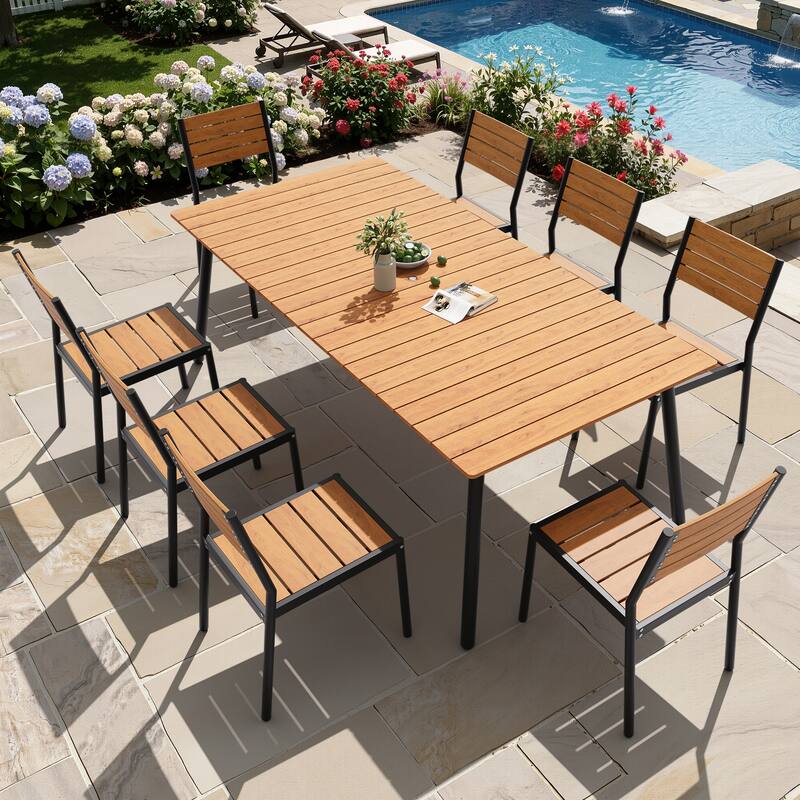 9-Piece Outdoor Rectangle Aluminum Dining Table with Stackable Chairs - Brown