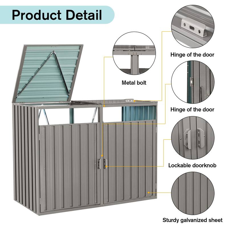 Garbage Bin Shed Stores 2 Trash Cans Metal Outdoor Bin Shed for Garbage Storage,Stainless Galvanized Steel