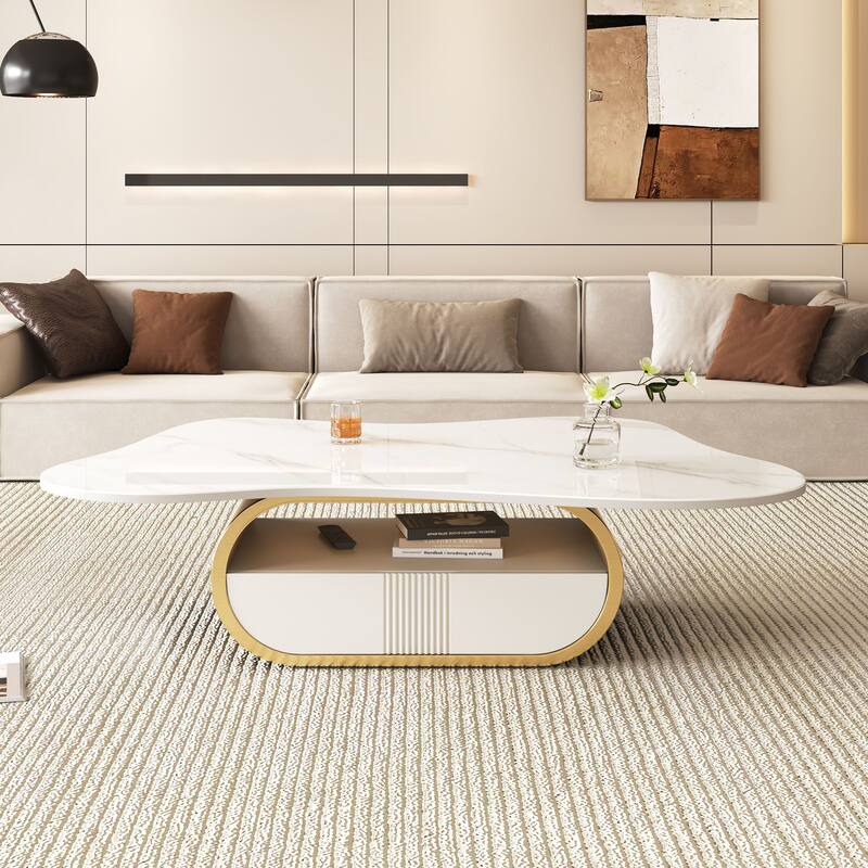 Modern Butterfly Coffee Table with Sintered Stone Top - Oval Center Table with Storage Shelf & Drawer, Stainless Steel Base