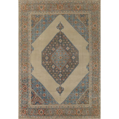 Beige Distressed Tabriz Vintage Persian Rug Handmade Wool Carpet - 9'7" x 12'11"