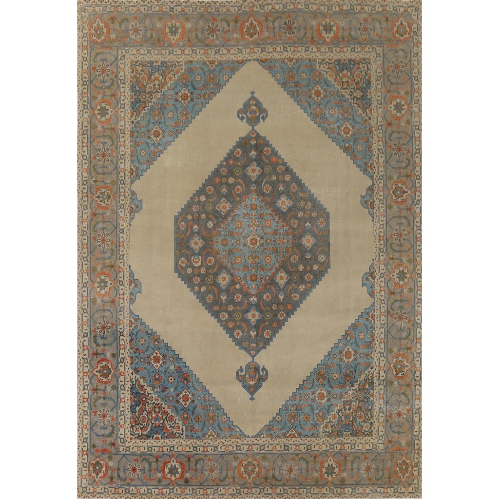 Beige Distressed Tabriz Vintage Persian Rug Handmade Wool Carpet - 9'7" x 12'11"