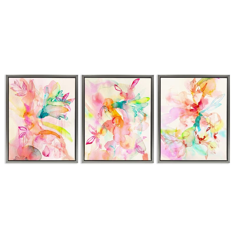 Stupell Abstract Florals & Paint Drip Framed Floater Canvas Wall Art Design By Gemma Bardot (Set of 3) - 25 x 31 - Grey