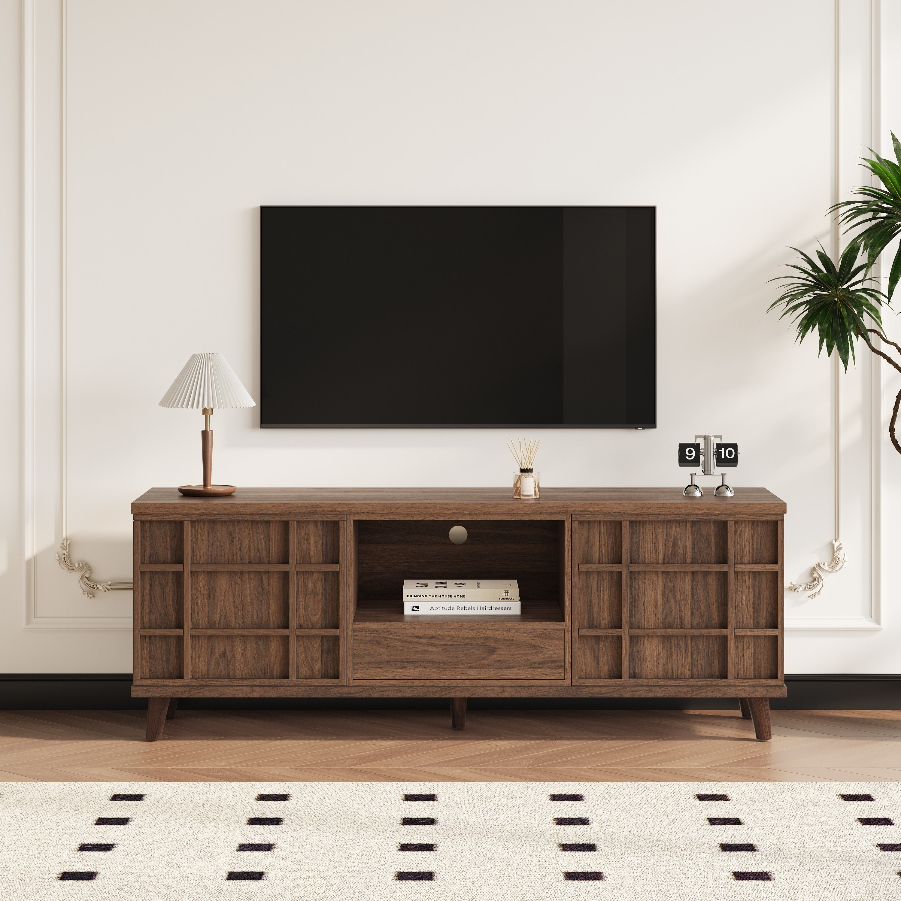 59" Mid-Century Modern Rectangular TV Stand , Wood Media Console for Living Room