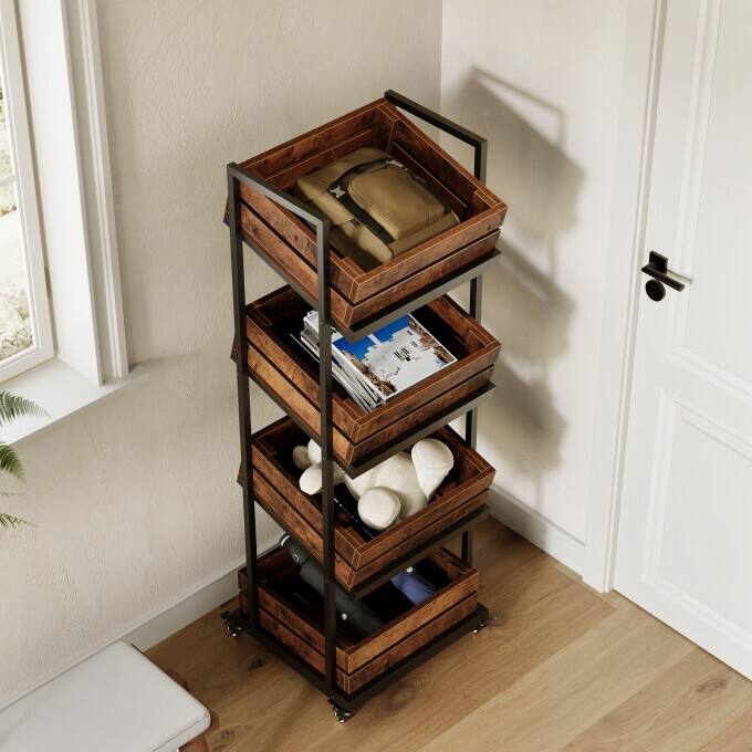 4-Tier Industrial Rolling Storage Cart, Narrow Kitchen Wine Rack