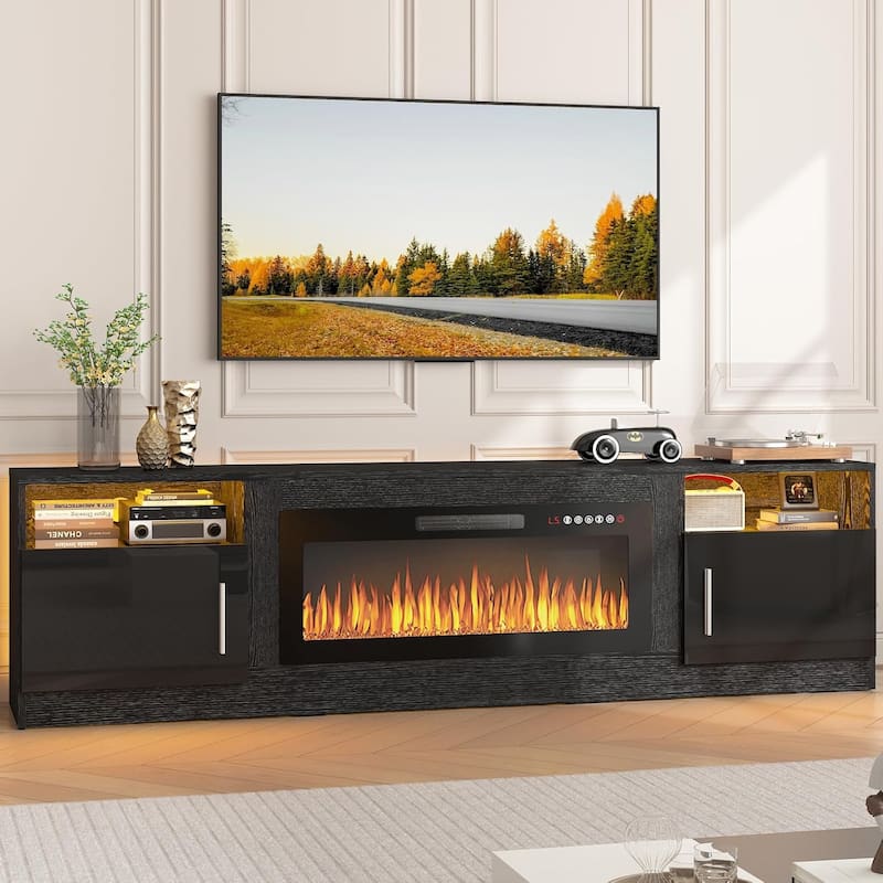 Bossin 80" Fireplace TV Stand with 36" Electric Fireplace, TV Stand for TVs Up to 90", 16 Colors LED Lights/Entertainment Center - Black