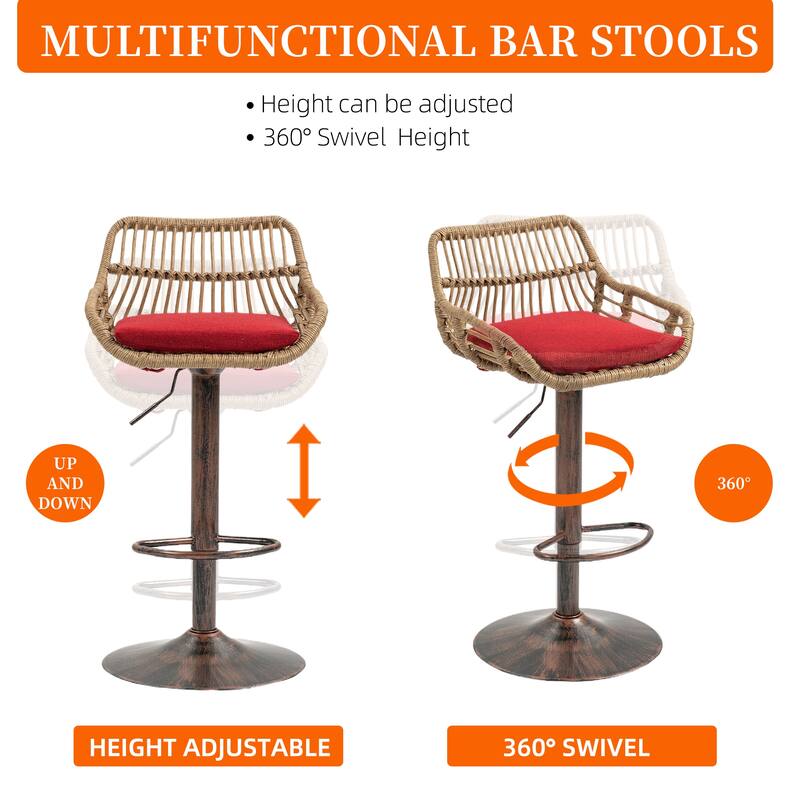 Plastic Rattan Linen Swivel Adjustable Height Bar Stools With Footrest(set of 2)